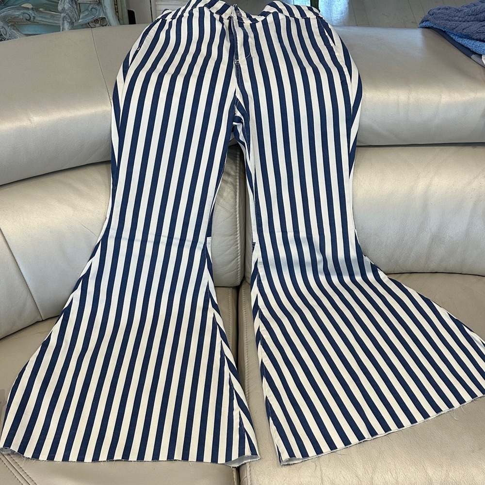 Free People Blue and White Striped Wide Leg Pants